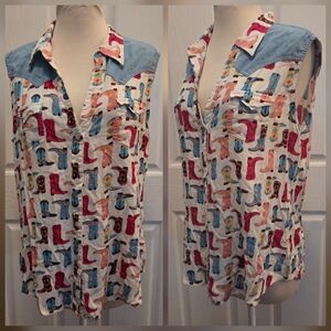 Women's Roper Top Sleeveless Blouse Country Western Cowboy Boots Large Rodeo